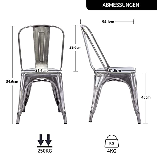 DUHOME Chaises de Salle à Manger Cuisine, Lot de Chaise Bistrot Industriel en Métal, Empilables Chaise de Cuisine, Scandinave Chaise Tabouret pour Bar, Café, Restaurant, Jardin (1PCS, Métallique)