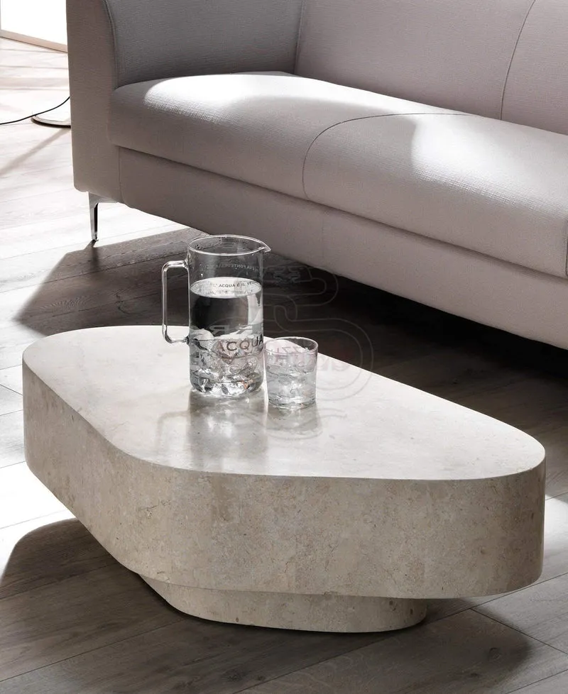Stones Trapèze Table Basse, Pierre Blanche Fossile, 100x52x28 cm