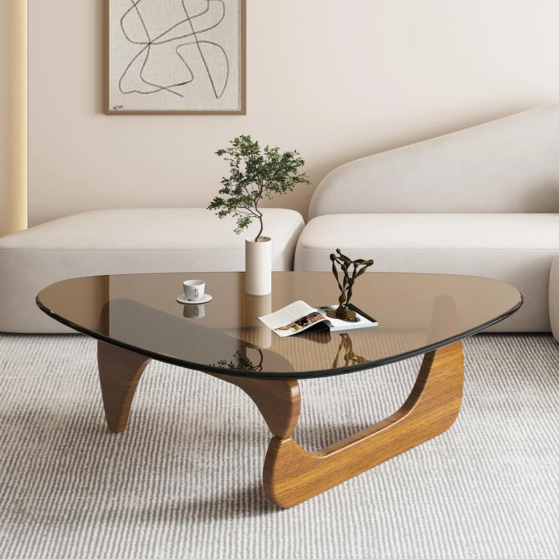 PRITIY Table basse d'appoint en verre - Table basse moderne - Table basse triangulaire (noyer + marron, 91 x 65 x 40 cm), LK155