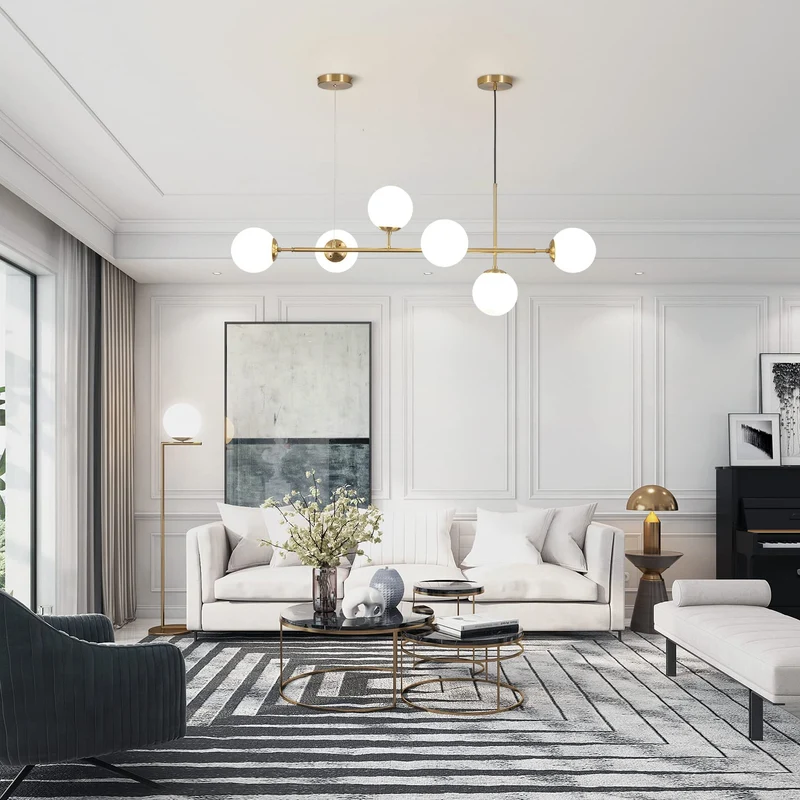 KCO Lighting Lustre Vintage en Verre à 6 Lumières Pour Salon, Lustre Linéaire Moderne en Forme de Globe Blanc, Luminaire Suspendu Doré en Laiton du Milieu du Siècle Pour Cuisine