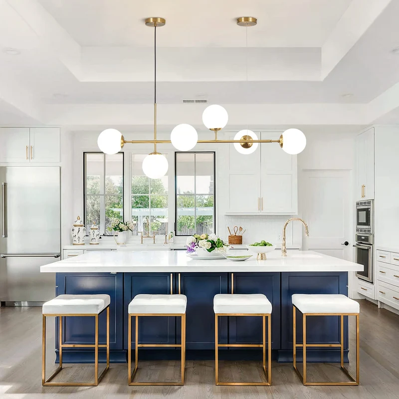 KCO Lighting Lustre Vintage en Verre à 6 Lumières Pour Salon, Lustre Linéaire Moderne en Forme de Globe Blanc, Luminaire Suspendu Doré en Laiton du Milieu du Siècle Pour Cuisine