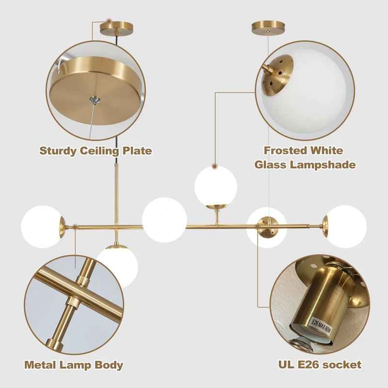 KCO Lighting Lustre Vintage en Verre à 6 Lumières Pour Salon, Lustre Linéaire Moderne en Forme de Globe Blanc, Luminaire Suspendu Doré en Laiton du Milieu du Siècle Pour Cuisine