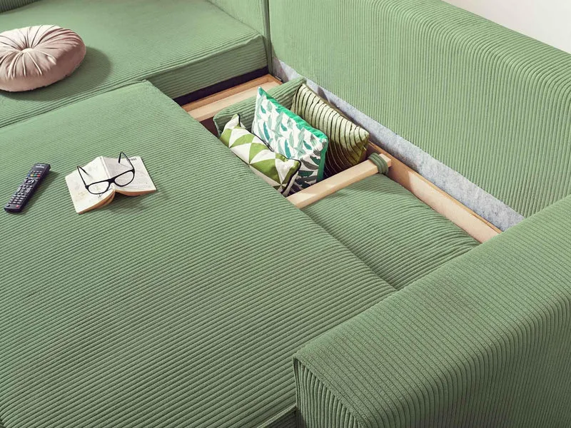 Best Mobilier - Canapé d'angle Convertible Réversible Dellia en Velours Côtelé - Canapé Lit - Sofa Vert Sauge 4 Places - Angle Droit - ou Gauche - Salon