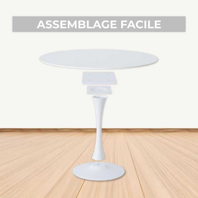 MEUBLE COSY Table Salle à Manger Ronde Scandinave 2-4 Personnes pour Salon Cuisine, en Bois d'ingénierie et métal, Blanc, 80x80x73cm