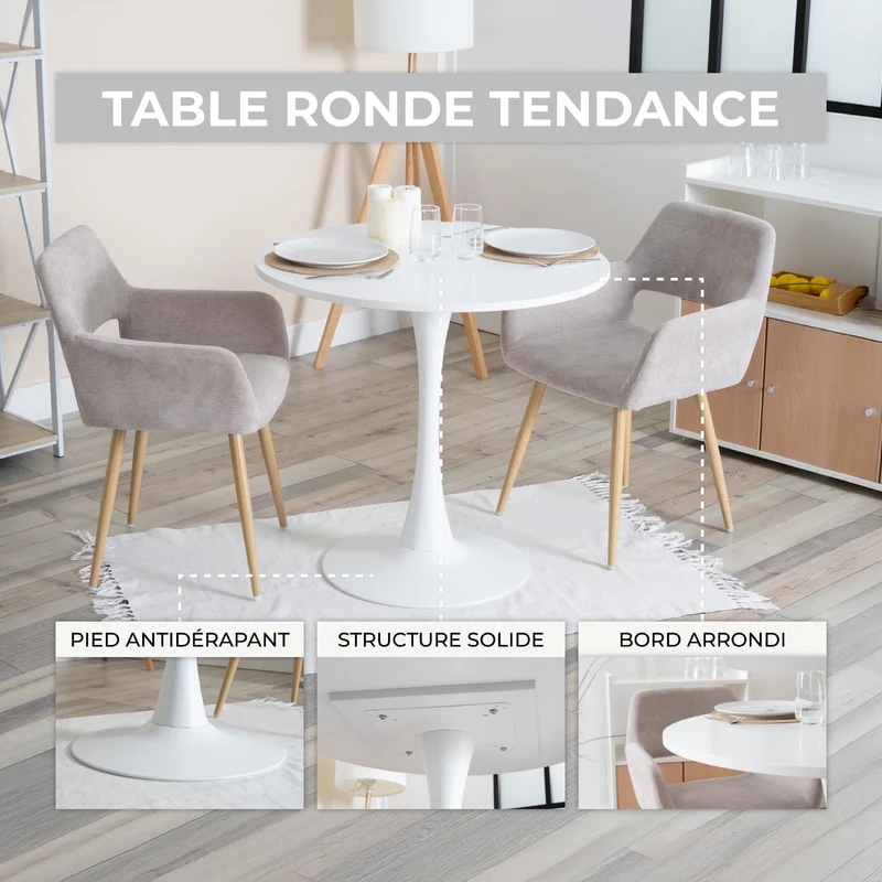 MEUBLE COSY Table Salle à Manger Ronde Scandinave 2-4 Personnes pour Salon Cuisine, en Bois d'ingénierie et métal, Blanc, 80x80x73cm