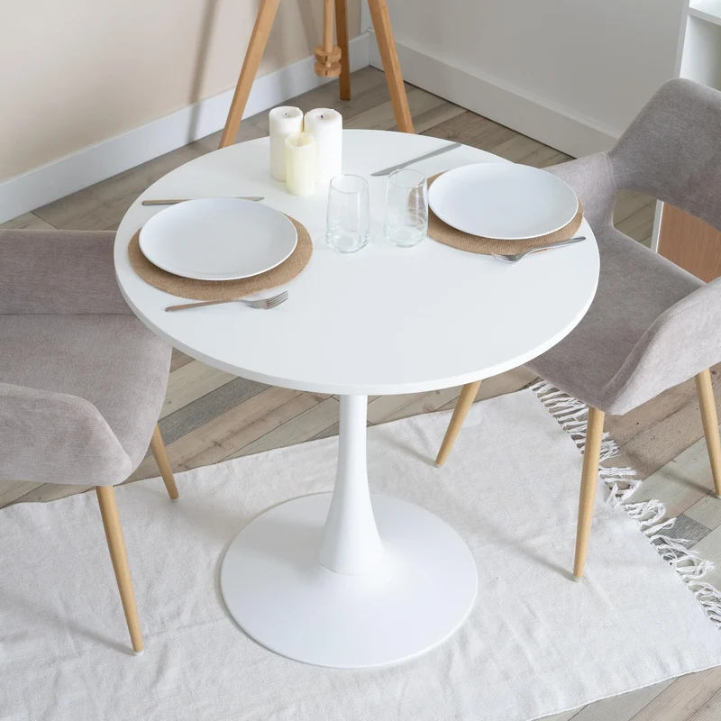 MEUBLE COSY Table Salle à Manger Ronde Scandinave 2-4 Personnes pour Salon Cuisine, en Bois d'ingénierie et métal, Blanc, 80x80x73cm