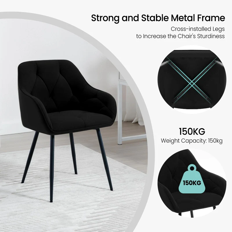 WOLTU Lot de 2 Chaises de Salle à Manger, Chaises de Cuisine Rembourrées avec Dossier, Accoudoirs, Pieds en Métal, pour Salon, Bureau, Coiffeuse, en Velours, Noir, EZS02sz-2