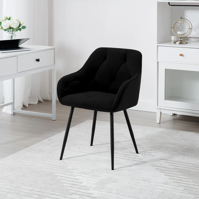 WOLTU Lot de 2 Chaises de Salle à Manger, Chaises de Cuisine Rembourrées avec Dossier, Accoudoirs, Pieds en Métal, pour Salon, Bureau, Coiffeuse, en Velours, Noir, EZS02sz-2