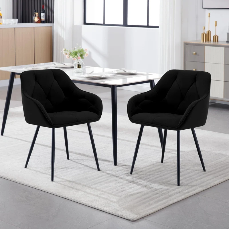 WOLTU Lot de 2 Chaises de Salle à Manger, Chaises de Cuisine Rembourrées avec Dossier, Accoudoirs, Pieds en Métal, pour Salon, Bureau, Coiffeuse, en Velours, Noir, EZS02sz-2