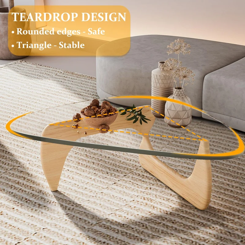 PRITIY Table basse d'appoint en verre Table basse moderne Table basse triangulaire (bois original + transparent, 82 x 57 x 40 cm), LK155