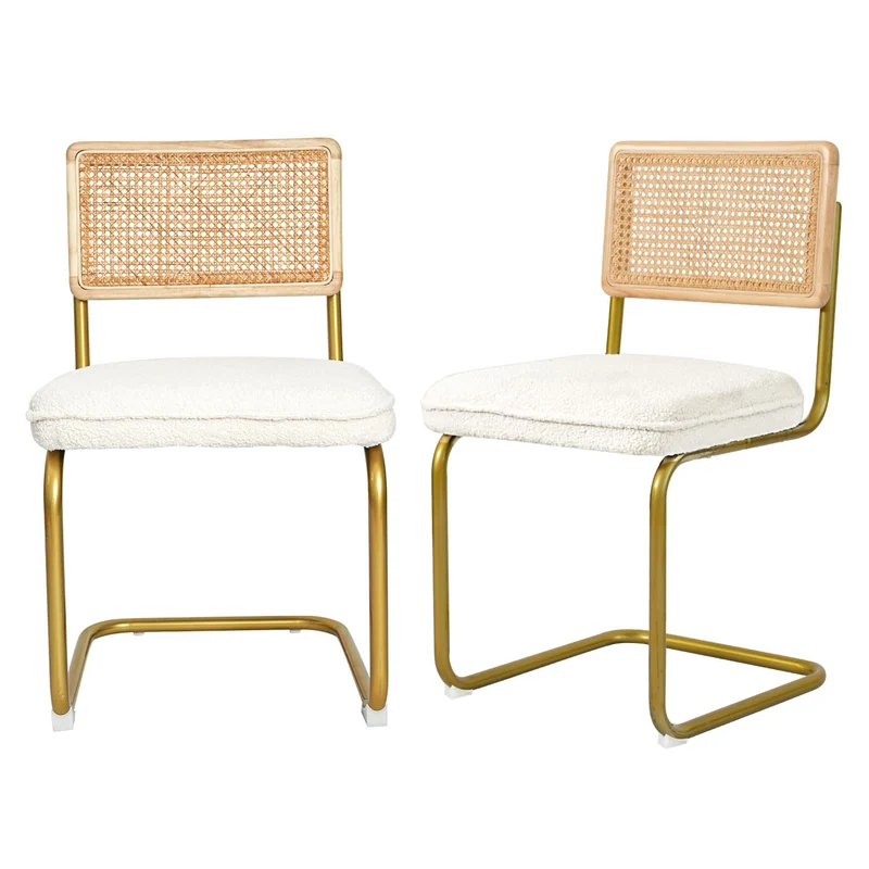 CangLong Lot de 2 chaises de salle à manger, élégante chaise de cuisine à dossier en osier avec pieds en métal doré, chaises confortables avec coussins molletonnés pour salon, salle à manger, beige