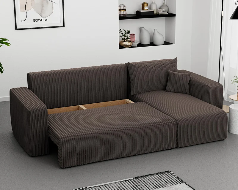 GREKPOL Canapé d'angle Convertible 145x248 à Gauche ou à Droite - Canapé 3 Places Convertible - Canapé avec Espace de Rangement - Canapé Lit - Canapé Convertible - Sofa Marron