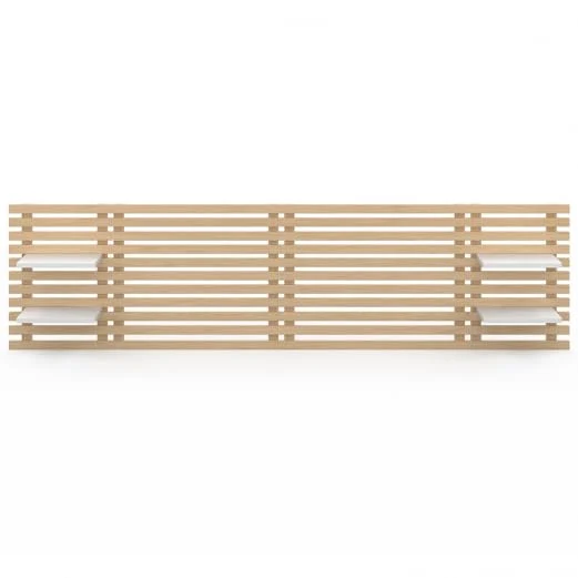 IDMarket - Tête de lit Suspendue en Lattes AVA 240 cm Bois Clair et étagères Blanches