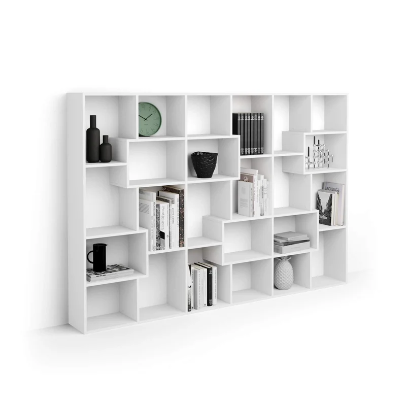 Mobili Fiver, Bibliothèque M Iacopo (160,8 x 236,4 cm), Frêne Blanc, Étagère Bibliothèque pour Salon, Bureau, Made in Italy