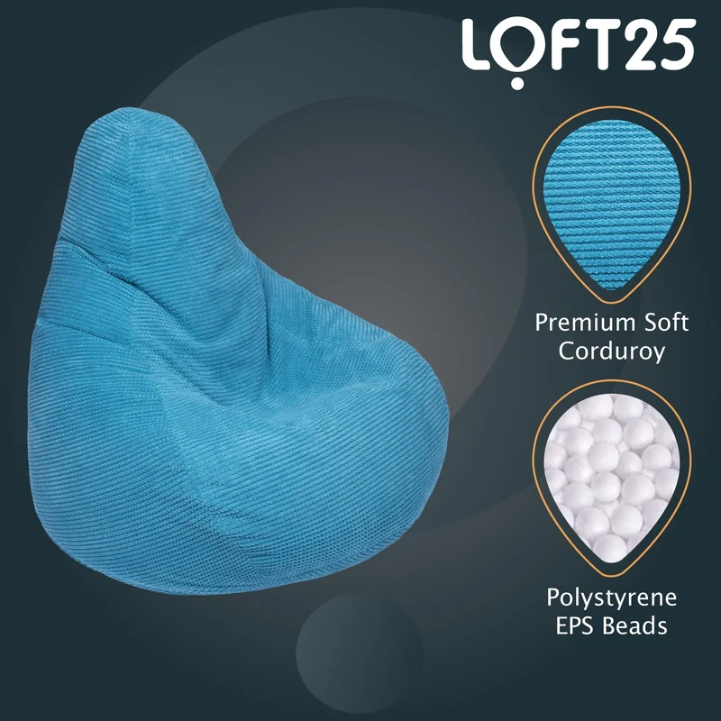 Loft 25 Fauteuil Dossier Haut Pouf | Chaise Longue de jeu de Pouf de Salon D'intérieur de Tissu de Velours Côtelé | Doublure Interne | Conception Ergonomique pour le Soutien du Corps (Pouf sarcelle)