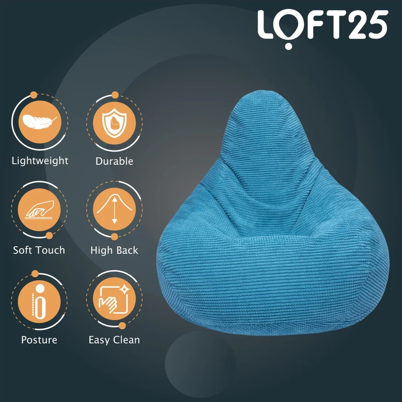 Loft 25 Fauteuil Dossier Haut Pouf | Chaise Longue de jeu de Pouf de Salon D'intérieur de Tissu de Velours Côtelé | Doublure Interne | Conception Ergonomique pour le Soutien du Corps (Pouf sarcelle)