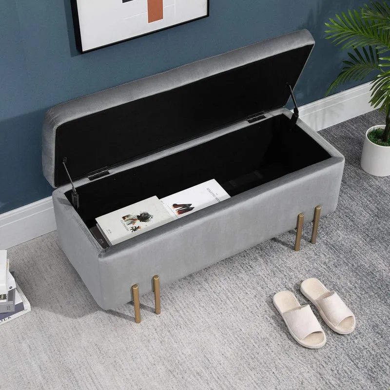 HOMCOM Banc de Rangement Coffre de Rangement Design Contemporain- Banc avec Espace de Rangement - dim. 100L x 40l x 42H cm - Velours Gris Clair piètement métal doré