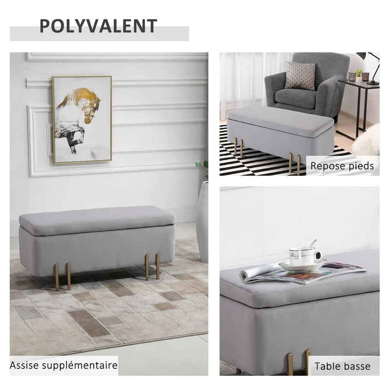 HOMCOM Banc de Rangement Coffre de Rangement Design Contemporain- Banc avec Espace de Rangement - dim. 100L x 40l x 42H cm - Velours Gris Clair piètement métal doré