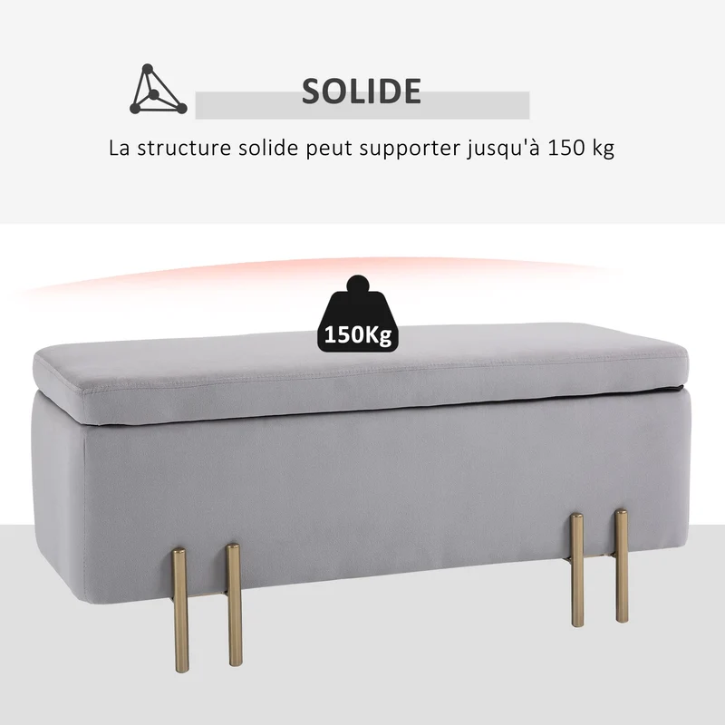 HOMCOM Banc de Rangement Coffre de Rangement Design Contemporain- Banc avec Espace de Rangement - dim. 100L x 40l x 42H cm - Velours Gris Clair piètement métal doré