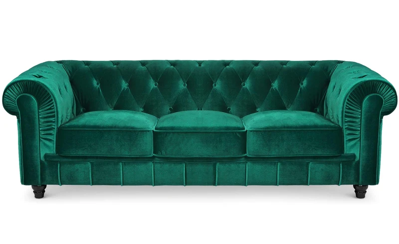 Menzzo Grand canapé 3 Places Chesterfield Velours Vert