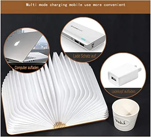 LED Bois Livre Lampes,Lampes décoratives,Petit lampe de chevet LED pliable en bois Blanc chaud en papier avec câble USB,Veilleuse Lumieres,Lampe de Lecture Pliante,Le cadeau parfait pour les femmes