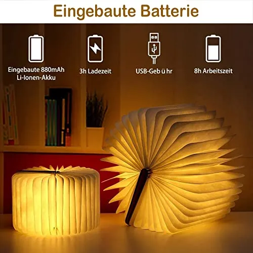 LED Bois Livre Lampes,Lampes décoratives,Petit lampe de chevet LED pliable en bois Blanc chaud en papier avec câble USB,Veilleuse Lumieres,Lampe de Lecture Pliante,Le cadeau parfait pour les femmes