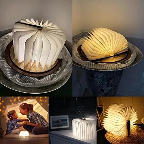 LED Bois Livre Lampes,Lampes décoratives,Petit lampe de chevet LED pliable en bois Blanc chaud en papier avec câble USB,Veilleuse Lumieres,Lampe de Lecture Pliante,Le cadeau parfait pour les femmes