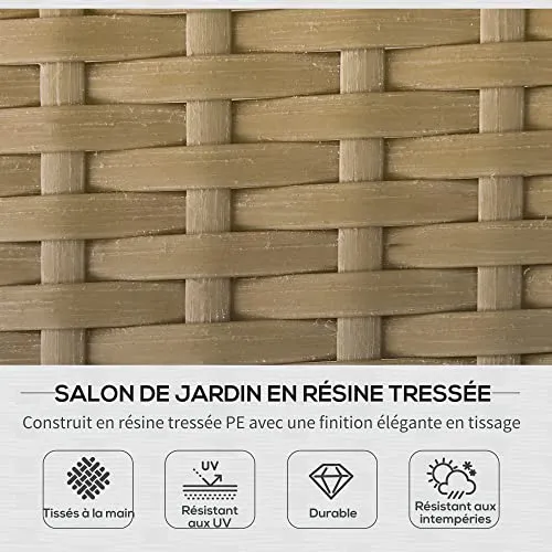 Outsunny Salon de Jardin d'angle 4 pers. Style Colonial Table Basse Coussins Grand Confort Inclus résine tressée Beige