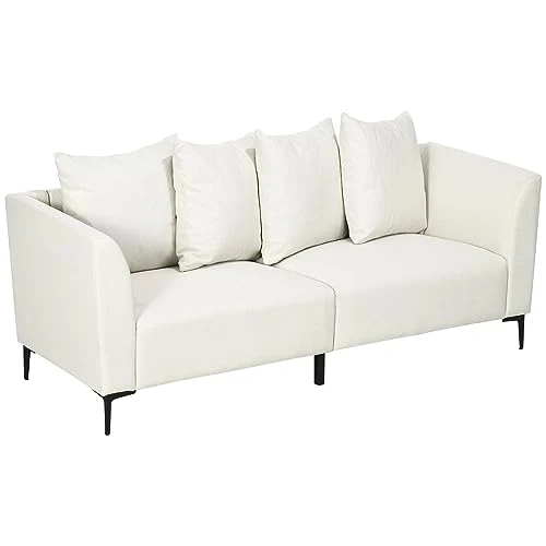 HOMCOM Canapé 3 Places de Style Moderne avec 4 Coussins, Base en Acier Noir, revêtement en Tissu Effet Lin de Couleur crème