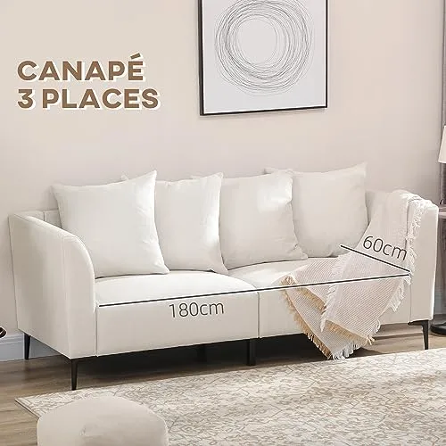 HOMCOM Canapé 3 Places de Style Moderne avec 4 Coussins, Base en Acier Noir, revêtement en Tissu Effet Lin de Couleur crème