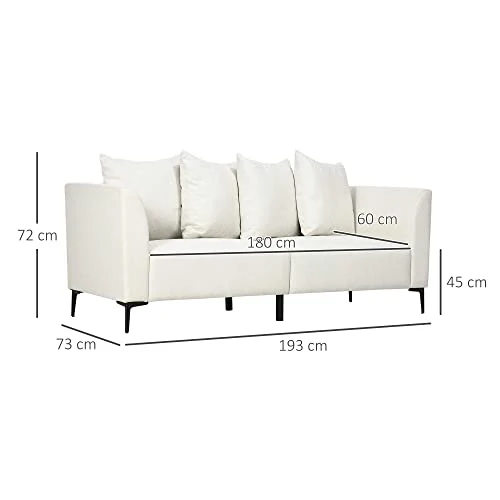 HOMCOM Canapé 3 Places de Style Moderne avec 4 Coussins, Base en Acier Noir, revêtement en Tissu Effet Lin de Couleur crème