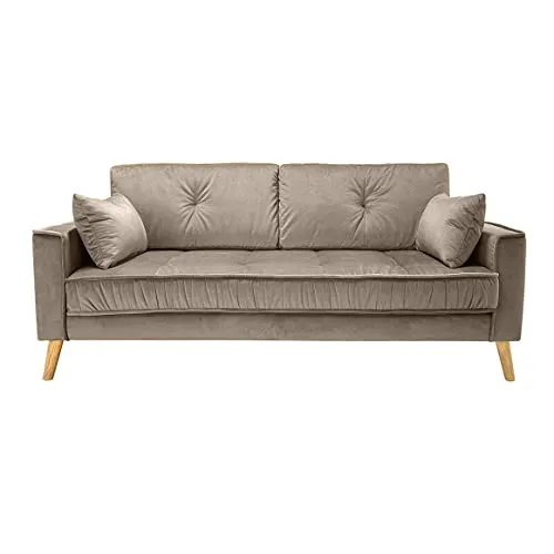 Meubletmoi Canapé Droit 3 Places en Velours Taupe avec accoudoirs 2 Coussins Pieds inclinés Bois - Design Classique Chic - Vlad