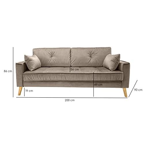Meubletmoi Canapé Droit 3 Places en Velours Taupe avec accoudoirs 2 Coussins Pieds inclinés Bois - Design Classique Chic - Vlad