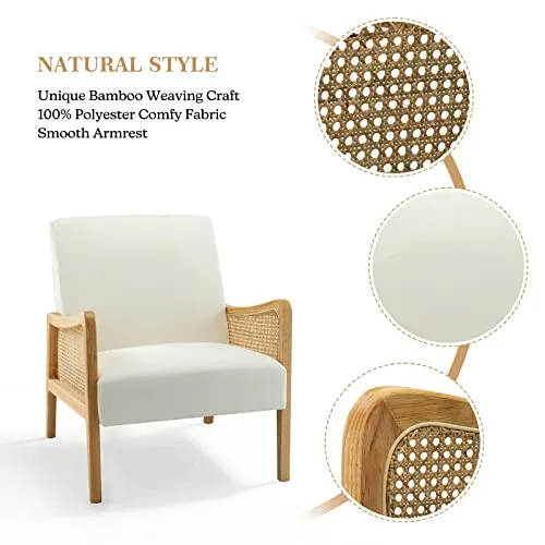 Chaise d'appoint moderne du milieu du siècle chaises rembourrées en velours avec tricot en bambou fauteuil confortable en tissu de lin avec accoudoirs en rotin pour salon,Blanc