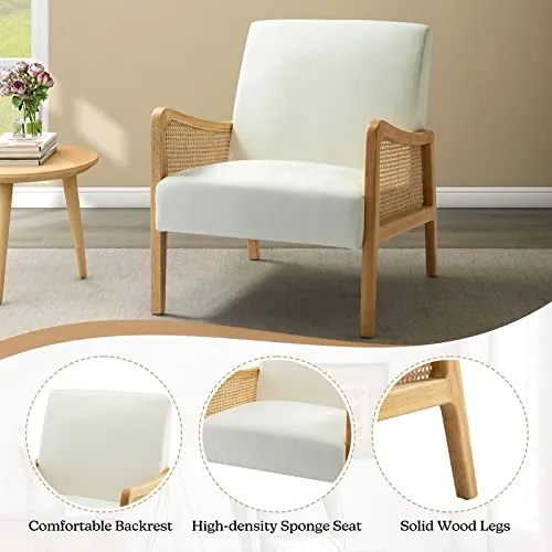 Chaise d'appoint moderne du milieu du siècle chaises rembourrées en velours avec tricot en bambou fauteuil confortable en tissu de lin avec accoudoirs en rotin pour salon,Blanc