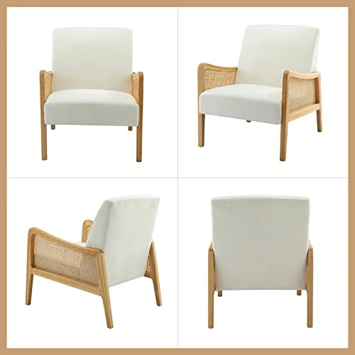 Chaise d'appoint moderne du milieu du siècle chaises rembourrées en velours avec tricot en bambou fauteuil confortable en tissu de lin avec accoudoirs en rotin pour salon,Blanc