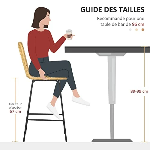 HOMCOM Lot de 2 tabourets de Bar Chaise de Bar Design bohème Hauteur 66 cm avec Repose-Pieds métal - Naturel