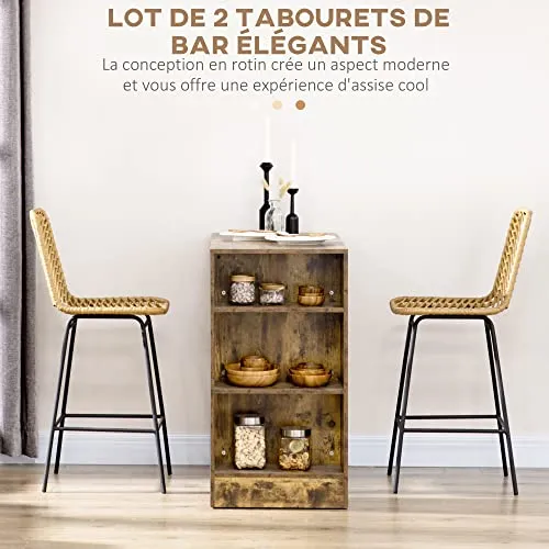 HOMCOM Lot de 2 tabourets de Bar Chaise de Bar Design bohème Hauteur 66 cm avec Repose-Pieds métal - Naturel