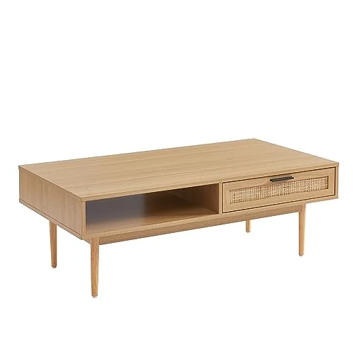 BAÏTA Table Basse Amana Effet chêne et cannage en rotin 2 tiroirs
