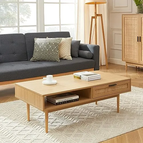 BAÏTA Table Basse Amana Effet chêne et cannage en rotin 2 tiroirs