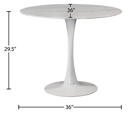 Meridian Furniture Holly Collection Modern | Table de salle à manger ronde contemporaine avec plateau en imitation marbre 91,4 cm de large, base en métal blanc