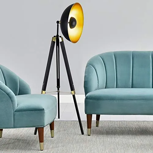 Lampadaire Lampe à Pied Trépied Métal Bois Noir Cuivre 1 x E27 148 cm