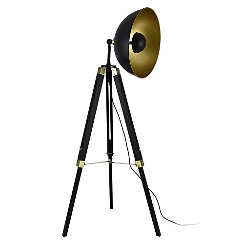 Lampadaire Lampe à Pied Trépied Métal Bois Noir Cuivre 1 x E27 148 cm