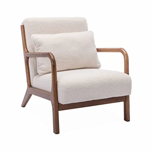 Alice's Home - Fauteuil à bouclettes Pieds Bois d'hévéa teinté Noyer Clair. 1 Place Droit Fixe. Pieds Compas scandinave. Structure en Bois Solide