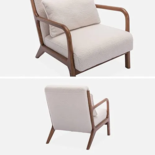 Alice's Home - Fauteuil à bouclettes Pieds Bois d'hévéa teinté Noyer Clair. 1 Place Droit Fixe. Pieds Compas scandinave. Structure en Bois Solide