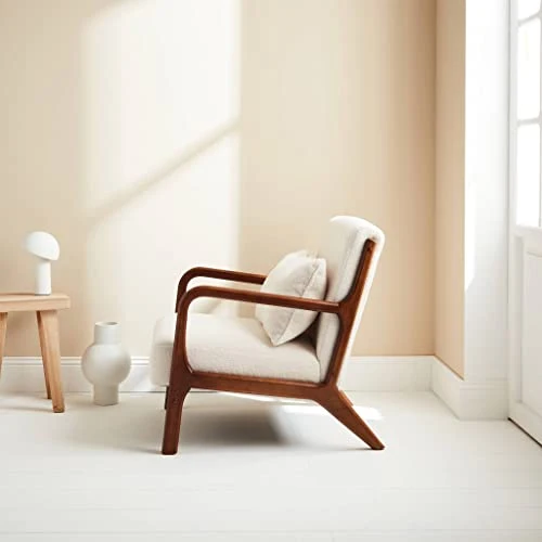 Alice's Home - Fauteuil à bouclettes Pieds Bois d'hévéa teinté Noyer Clair. 1 Place Droit Fixe. Pieds Compas scandinave. Structure en Bois Solide