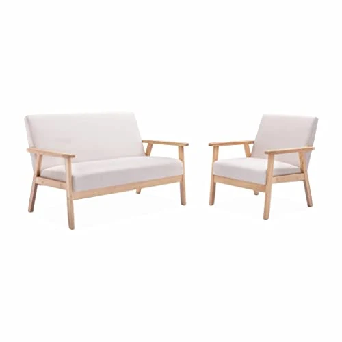 Alice's Home - Fauteuil scandinave en Bois et Tissu crème. Isak. L 64 x P 69.5 x H 73cm