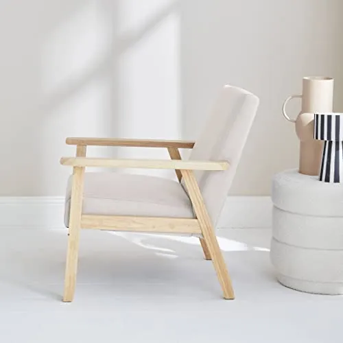 Alice's Home - Fauteuil scandinave en Bois et Tissu crème. Isak. L 64 x P 69.5 x H 73cm