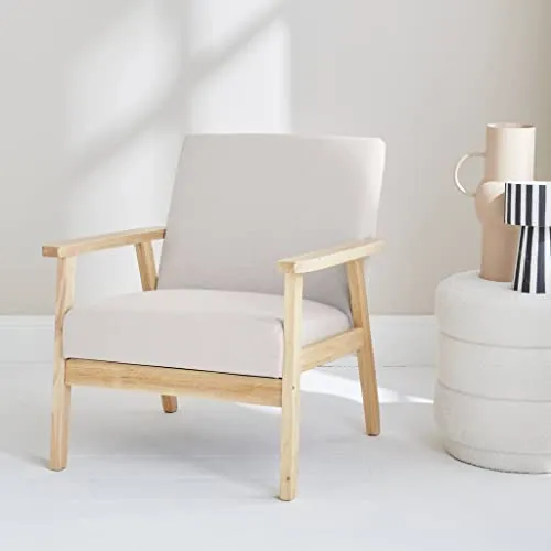 Alice's Home - Fauteuil scandinave en Bois et Tissu crème. Isak. L 64 x P 69.5 x H 73cm