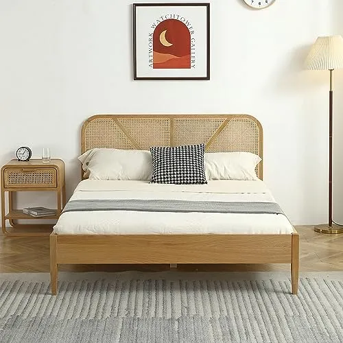 HOMIFAB Lit Adulte 180x200 cm en placage chêne avec tête de lit en Bois Massif et cannage Naturel - Leonie